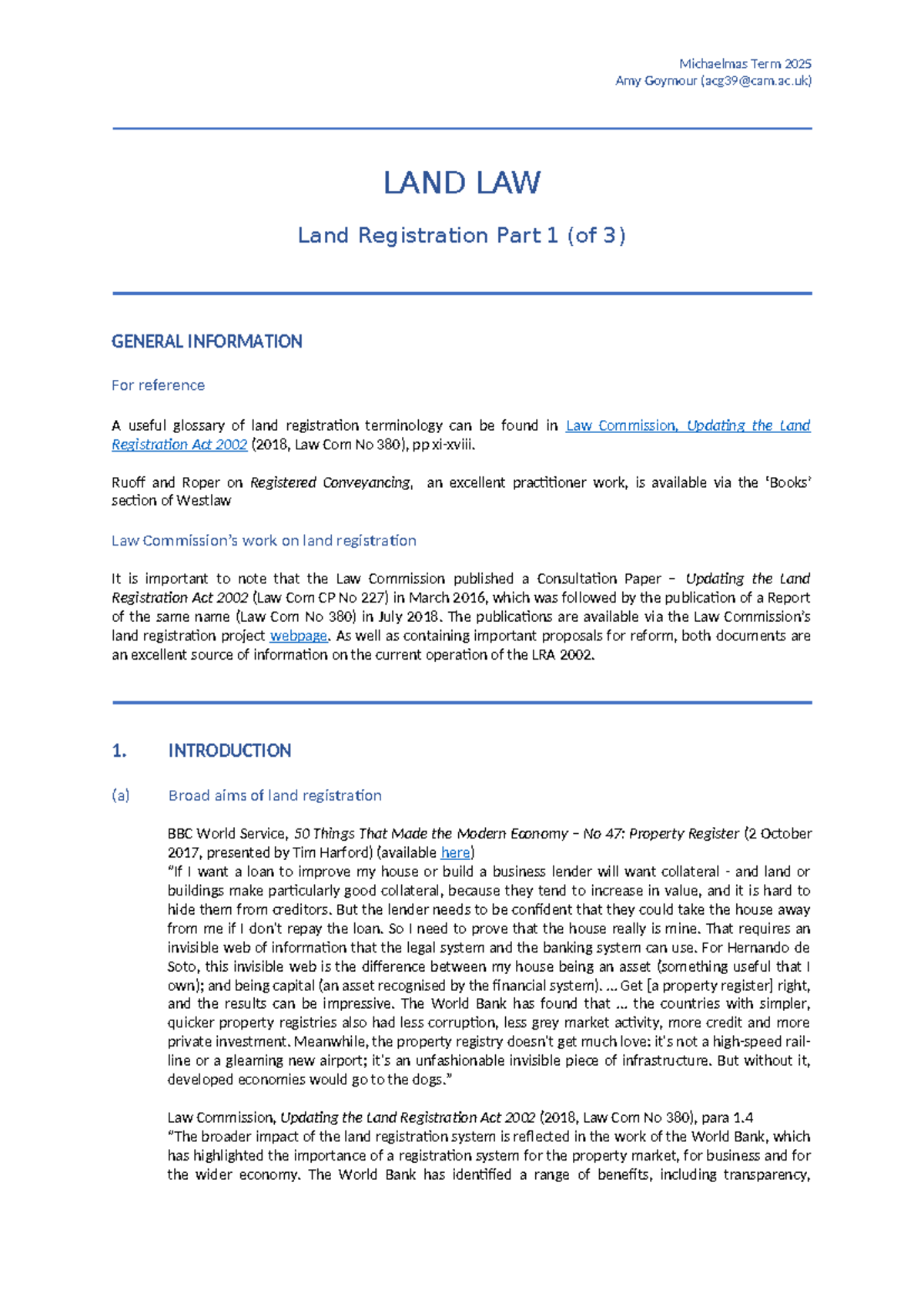 Land Law LAND 2025-26: Land Registration Overview Part 1 of 3 - Studocu