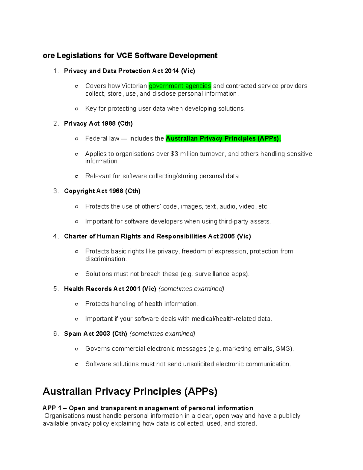 VCE Software Development: Key Legislations & Privacy Laws - Studocu