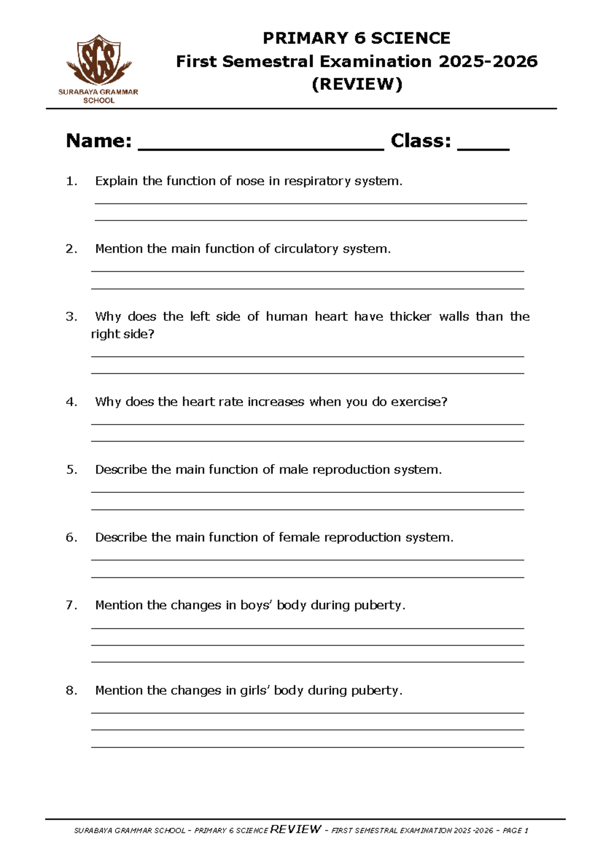 P6 Science First Semestral Exam Review 2025-2026 - Studocu