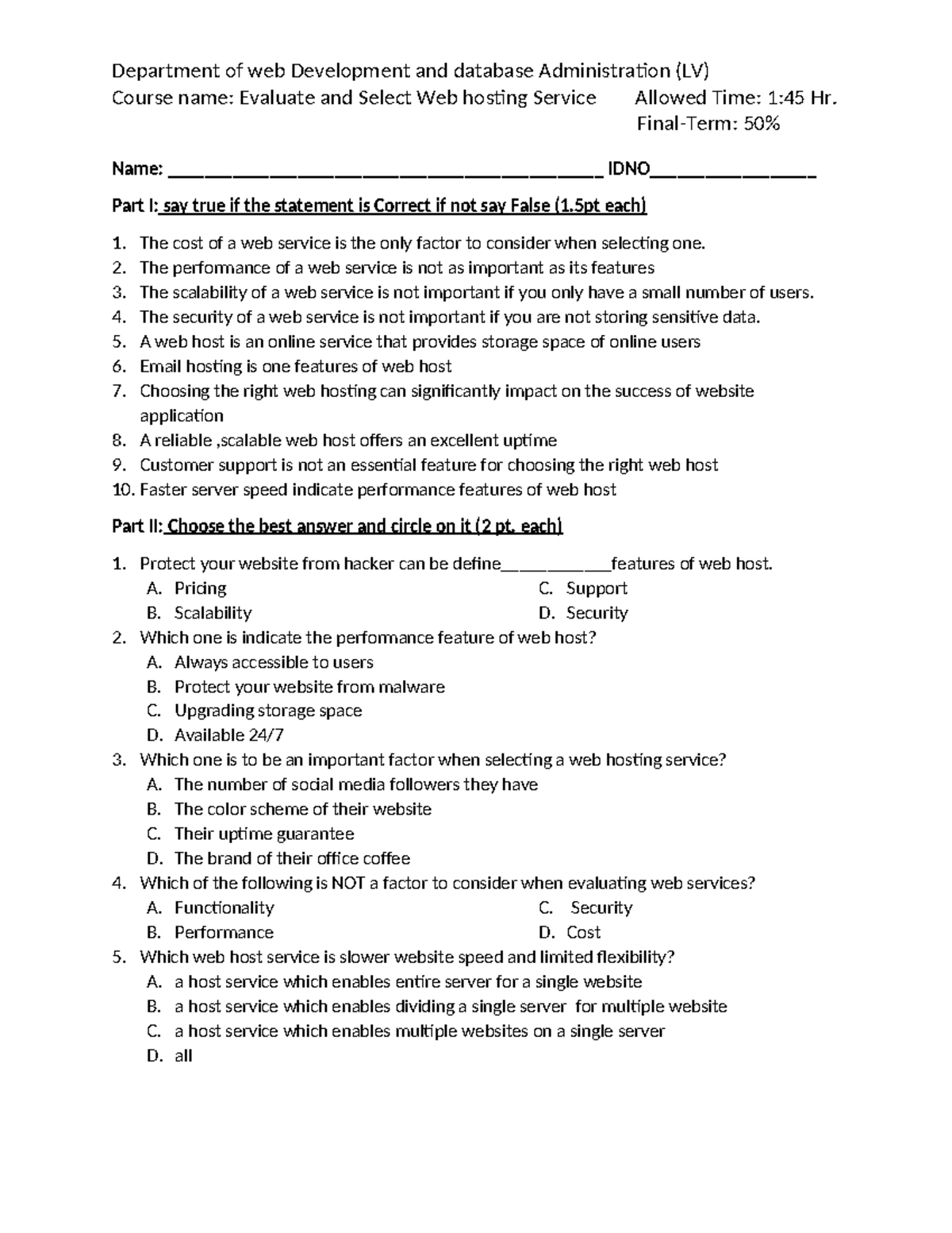 Evaluate and Select Web Hosting Service (Final-Term Exam) - Studocu