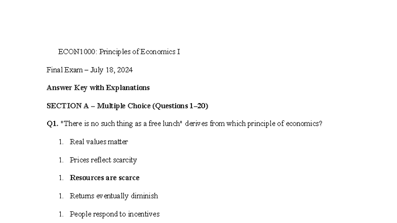 ECON1000 Principles of Economics I Final Exam Answer Key - Studocu