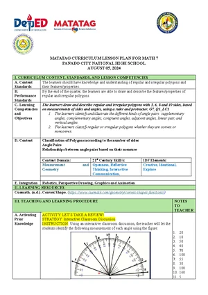 MATATAG CURRICULUM MATH 7 LESSON PLAN: PERCENTAGE APPLICATIONS - Studocu