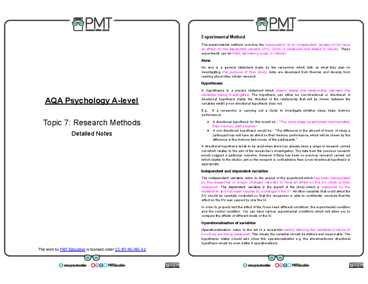 Detailed Notes on Research Methods - AQA Psychology A-Level - Studocu