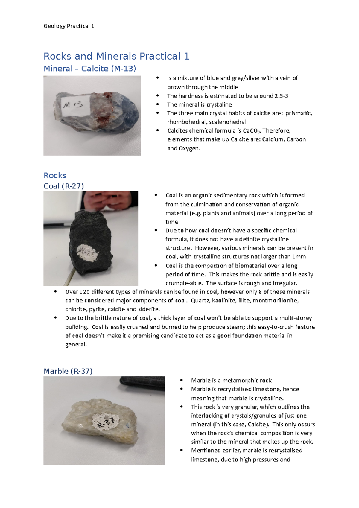 Rocks and minerals practical - Therefore, elements that make up Calcite ...