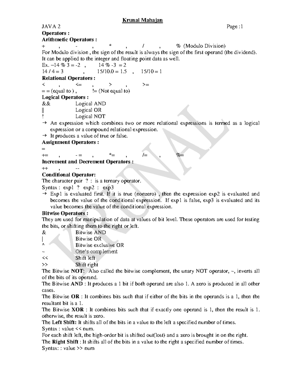Java2 - Ut8t - JAVA 2 Page : 1 Operators : Arithmetic Operators ...