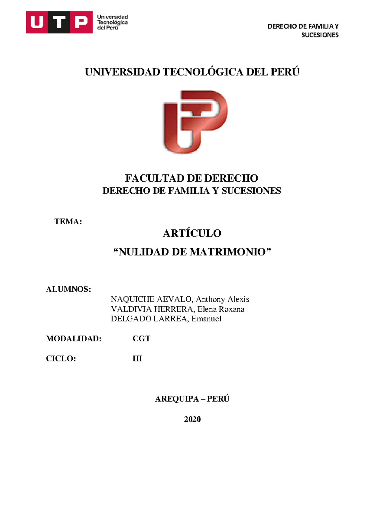 Nulidad del Matrimonio en el Derecho de Familia - UTP - Ciclo III - Document Preview