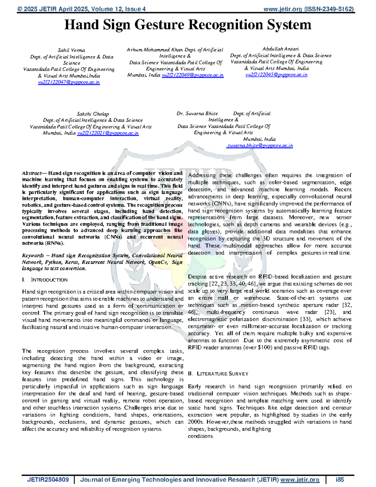 Hand Sign Gesture Recognition System: JETIR 2504809 Research Paper ...