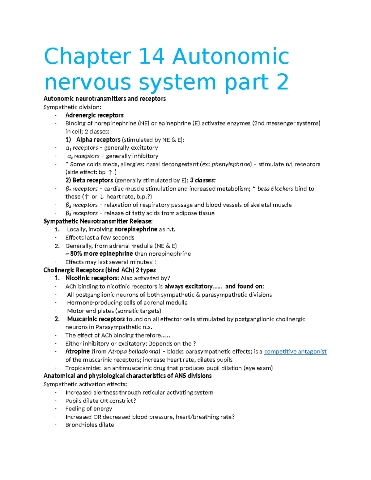 Ch 14: Autonomic Nervous System - Key Concepts & Notes - Studocu