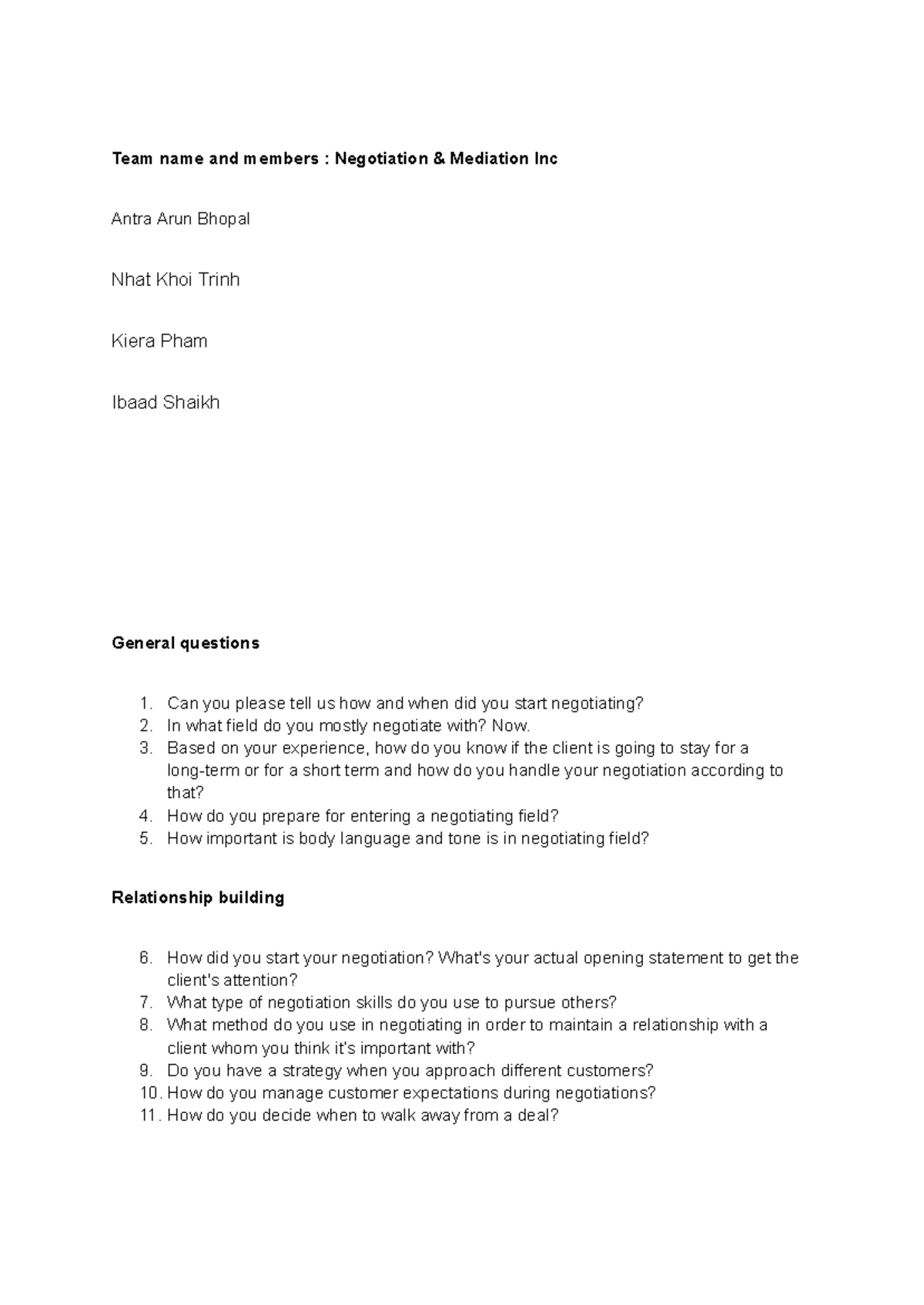 Negotiation Questions for Team Negotiation Mediation Inc. - Studocu