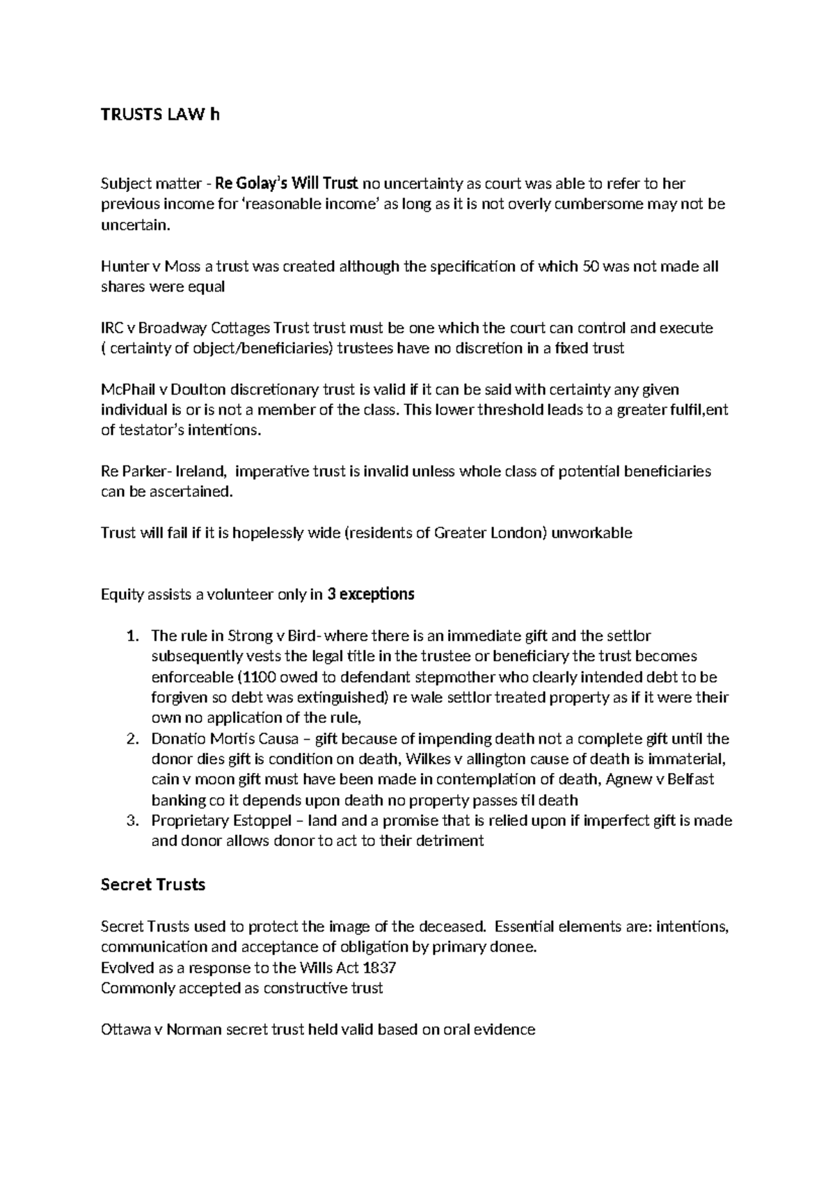 Trusts Law Notes - Module Overview and Key Case Summaries - Studocu