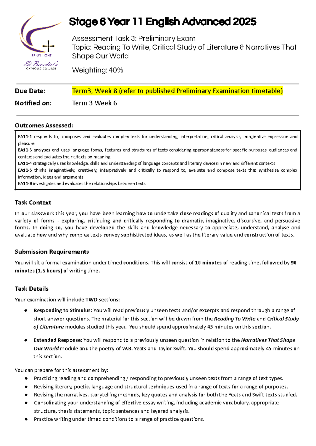 2025 Year 11 English Adv. Exam Notification: Task 3 Prelims - Studocu