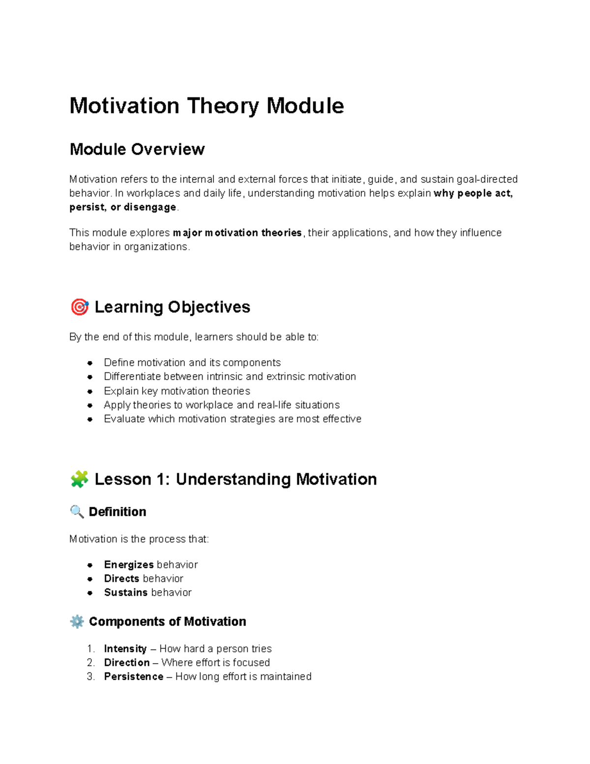 Motivation Theory Module Overview: Key Concepts and Applications - Studocu