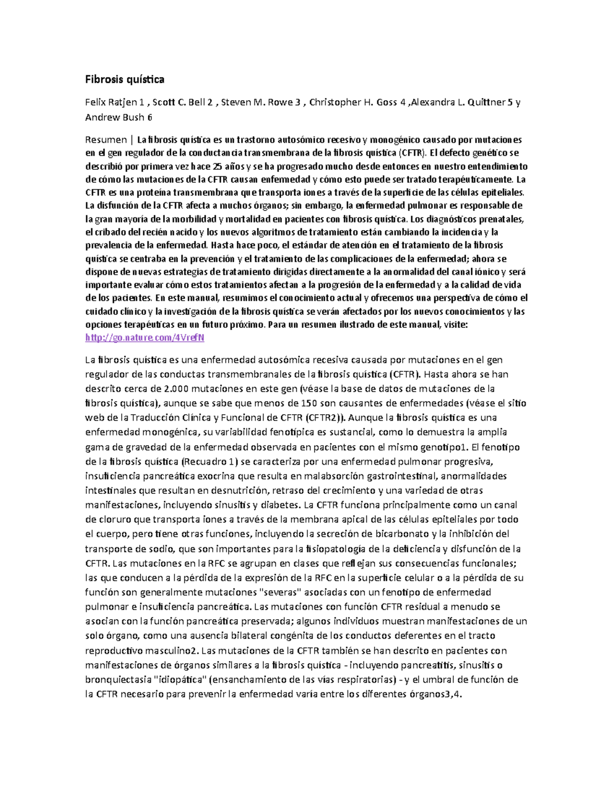 Fibrosis quística - Apuntes 1 - Fibrosis quística Felix Ratjen 1 ...