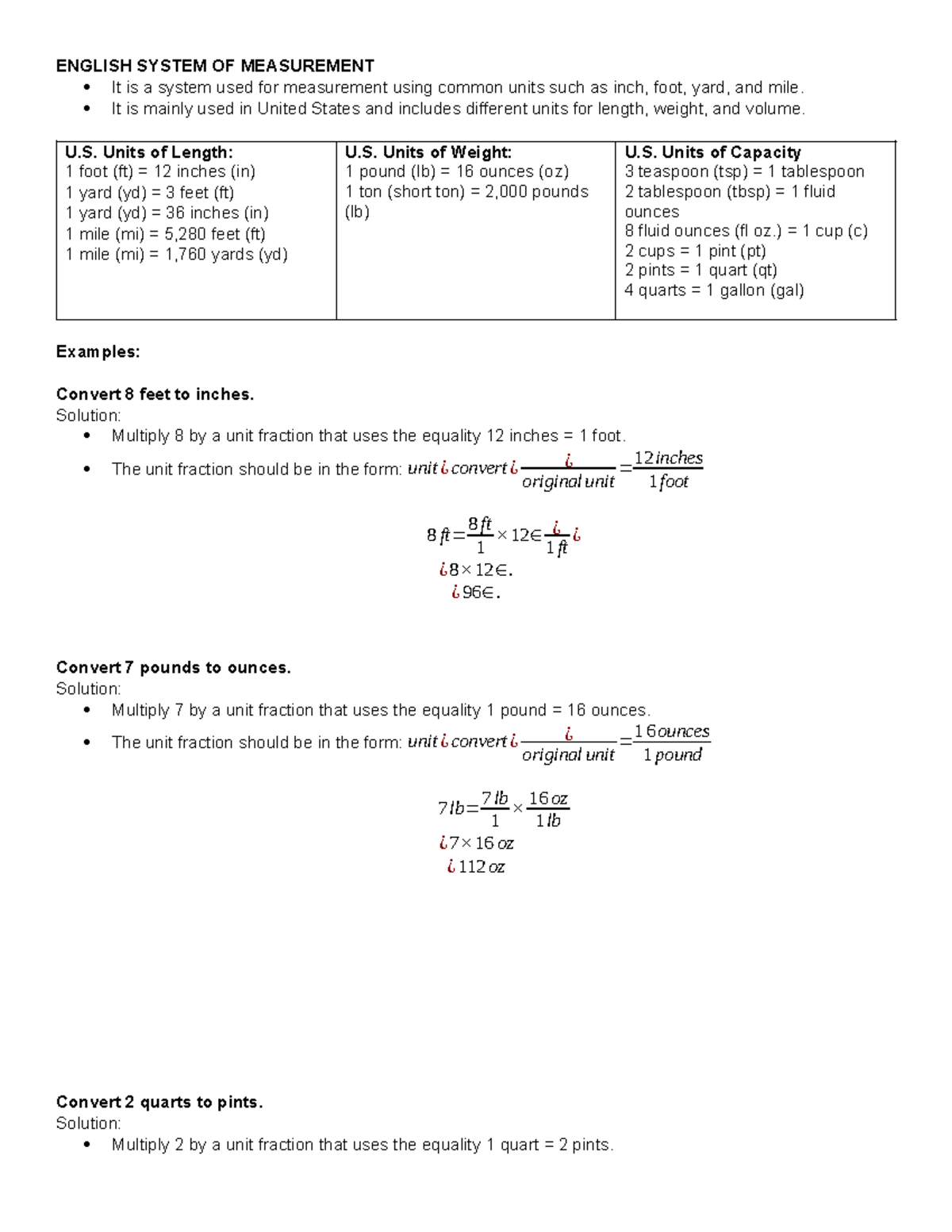 ENGL 101: English System of Measurement Overview and Conversions - Studocu