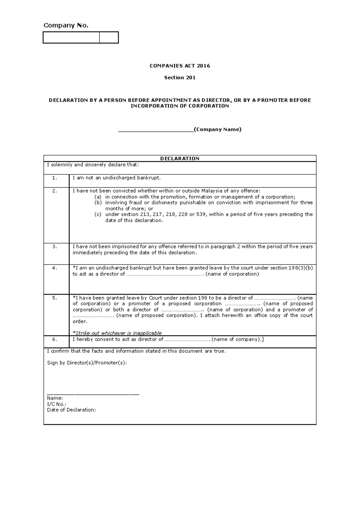 10. Declaration by a Person Before Appointment as Director (Section 201 ...