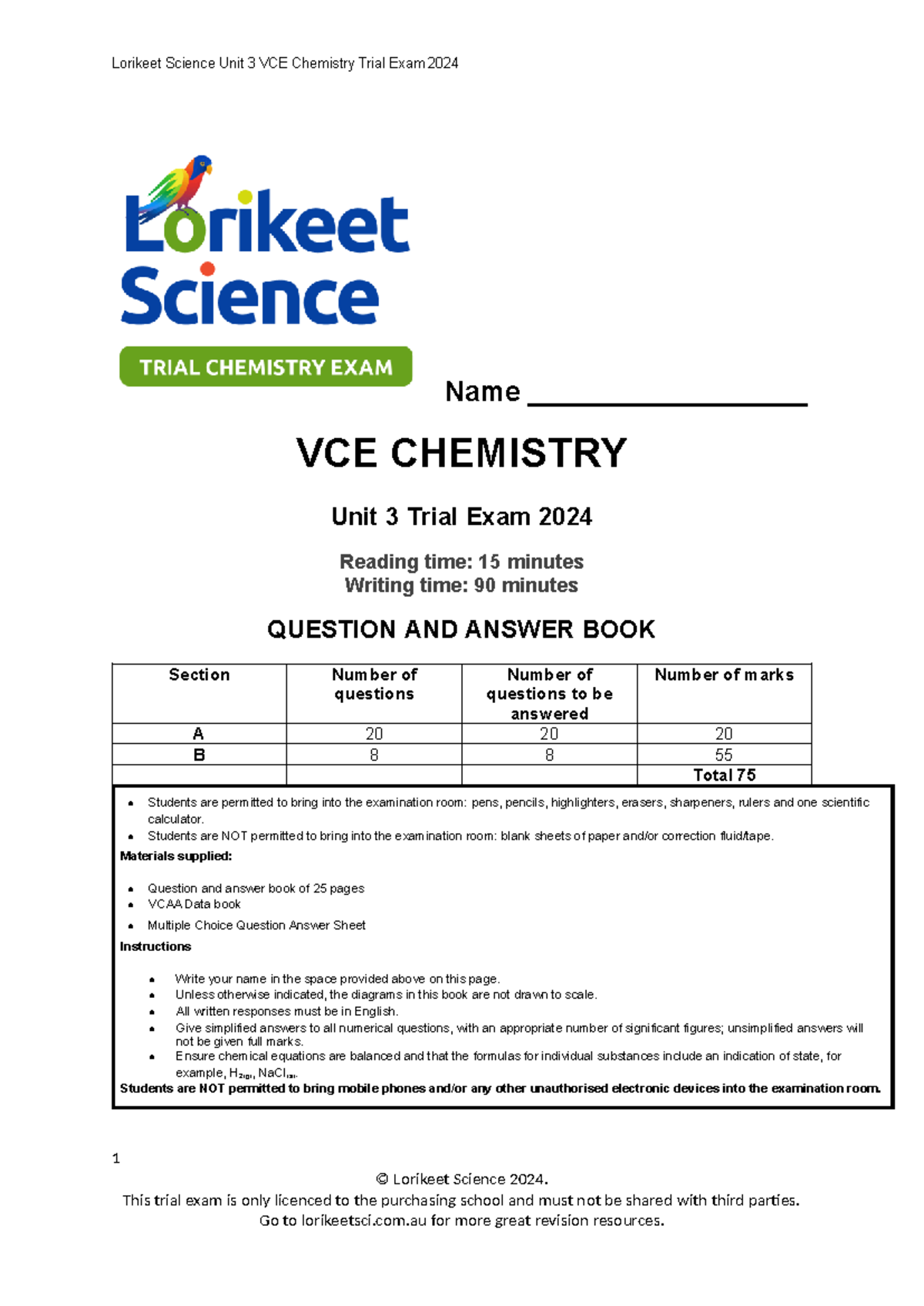 3CHE VCE Chemistry Unit 3 Trial Exam 2024 - Comprehensive Review Guide ...