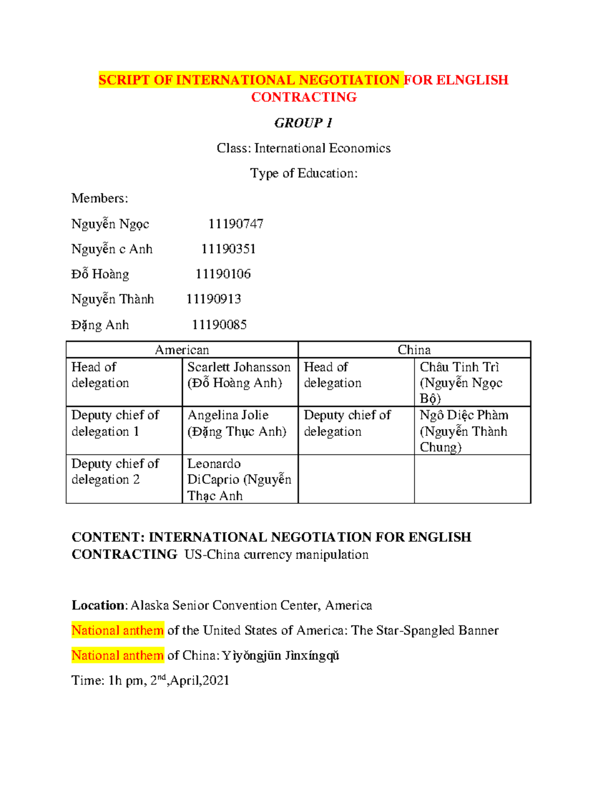 International Negotiation Script: US-China Trade Talks (INTL ECON 101 ...
