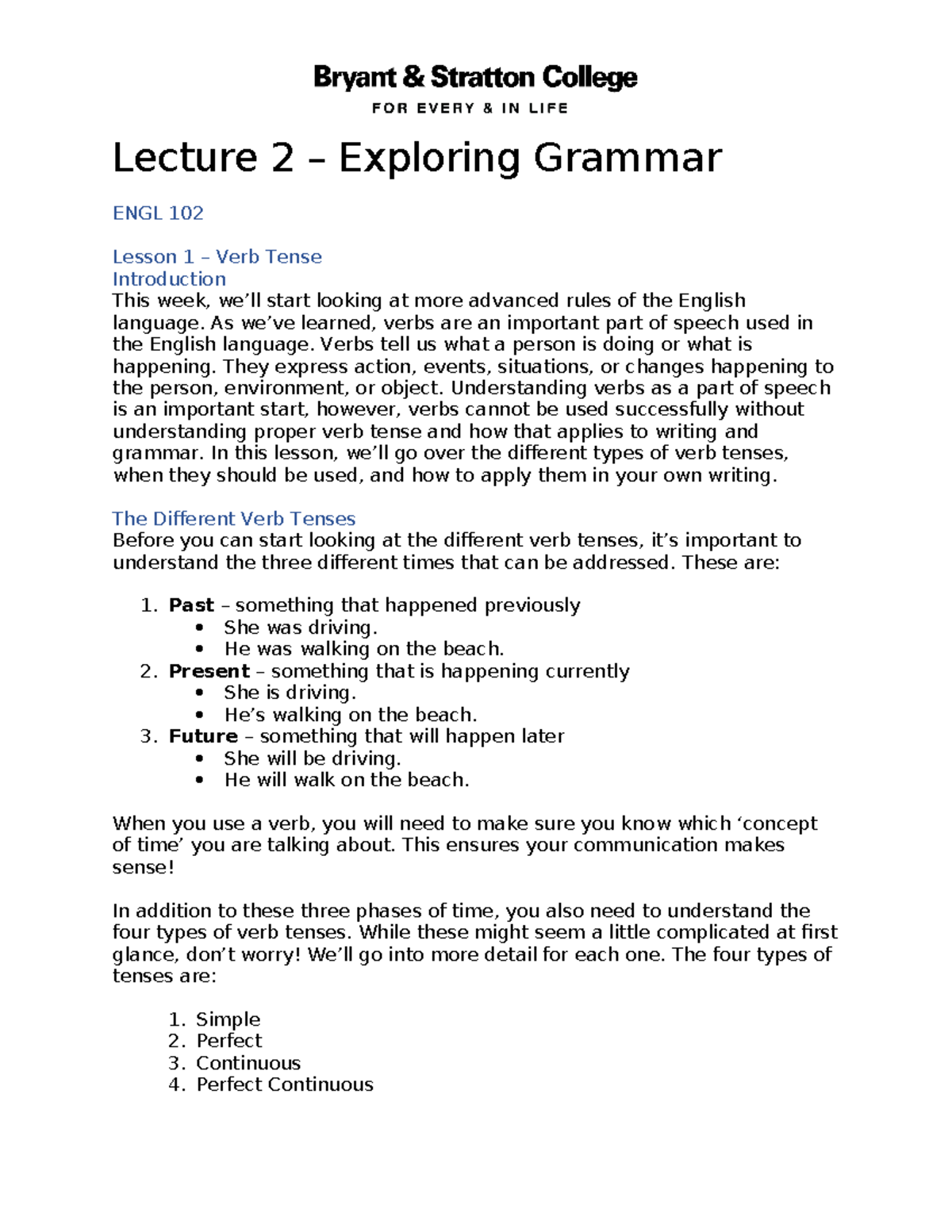 ENGL 102 Lecture 2: Understanding Verb Tenses in English Grammar - Studocu