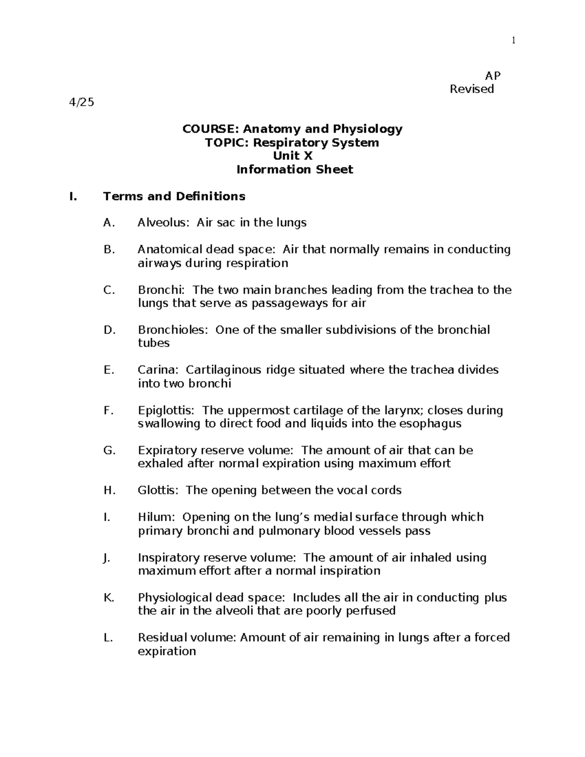 Unit 10 Info Sheet: Anatomy & Physiology (Respiratory System) - Studocu