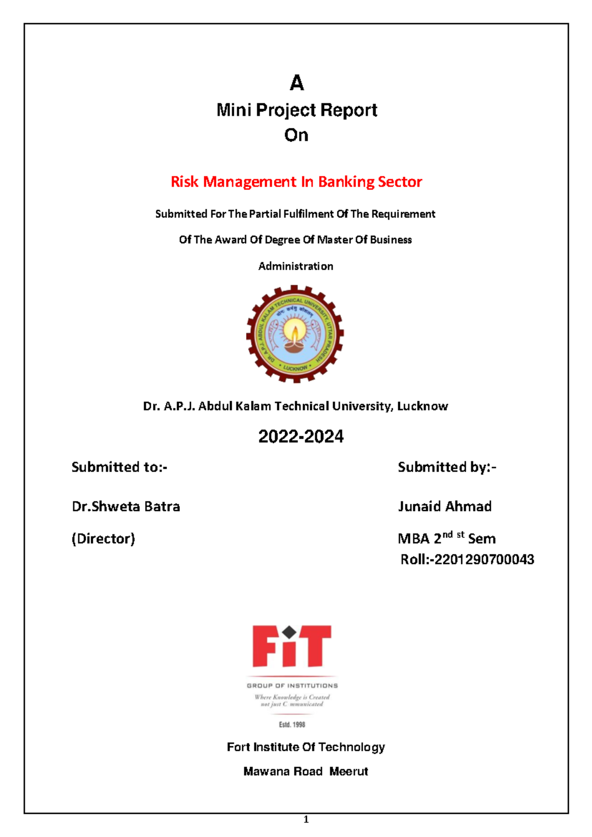 MBA 2nd Sem Mini Project Report on Risk Management in Banking - Studocu