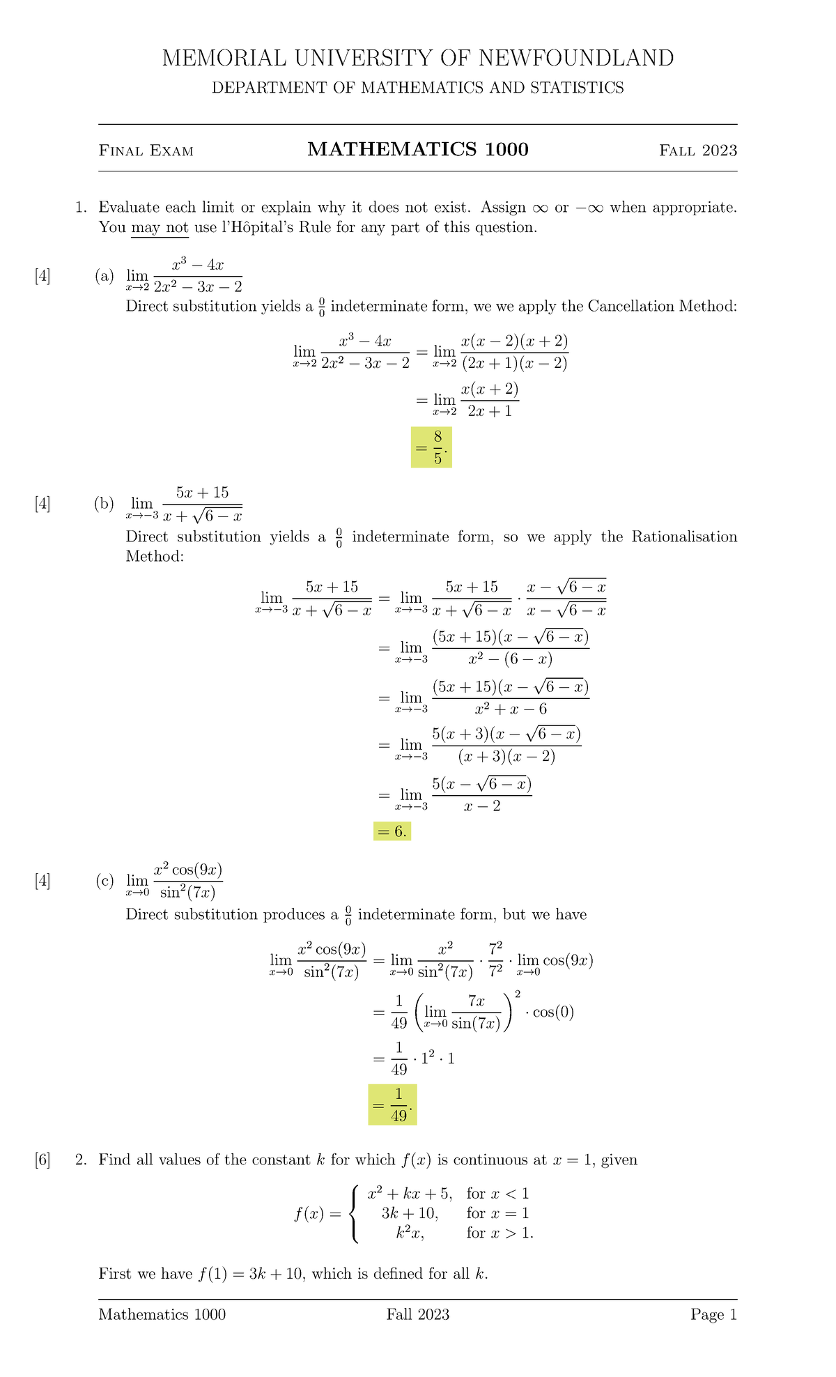 Math 1000 Final Exam Solutions - Fall 2023 - Studocu