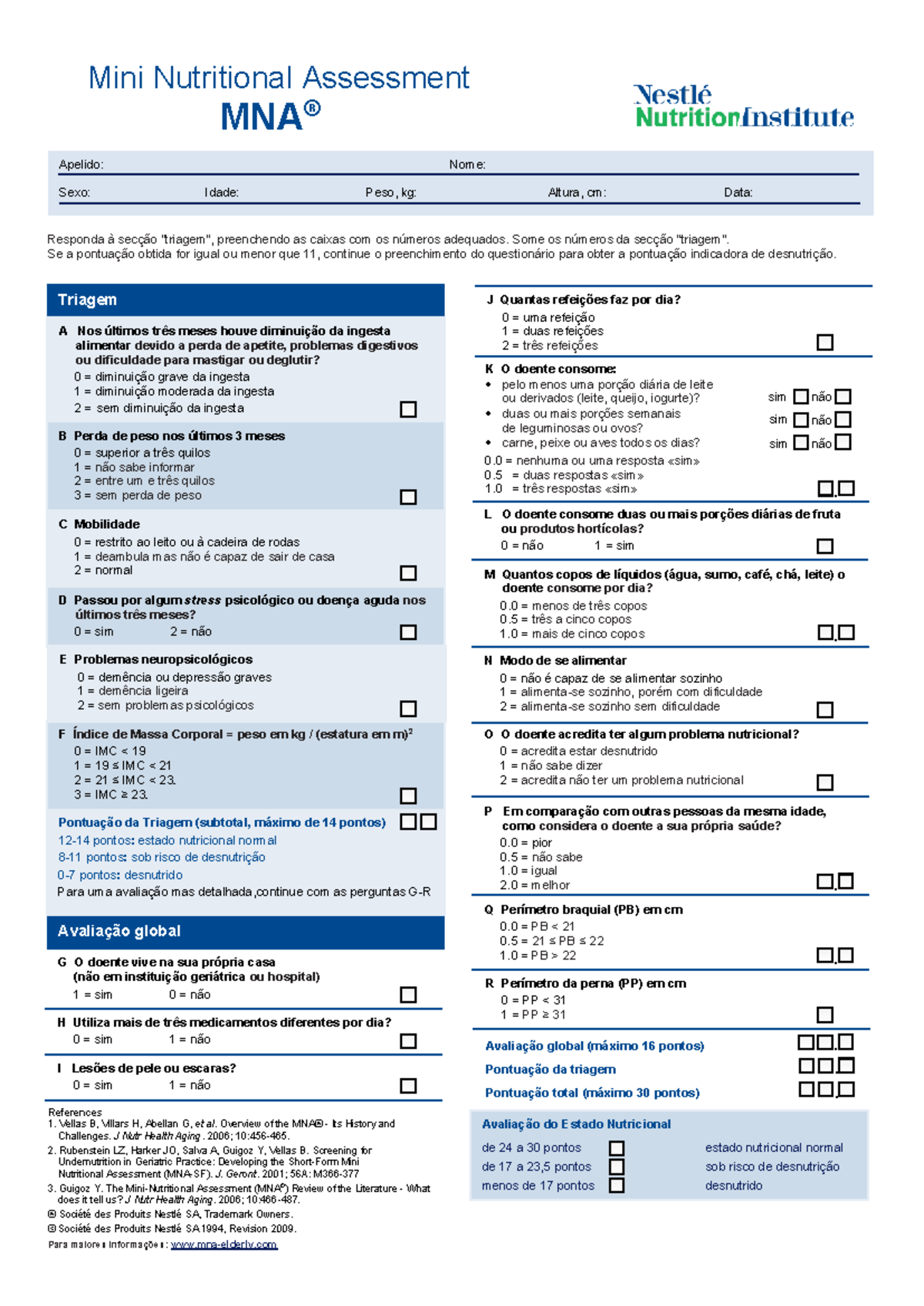 Avaliação Nutricional Mini Nutritional Assessment (MNA) - Português ...