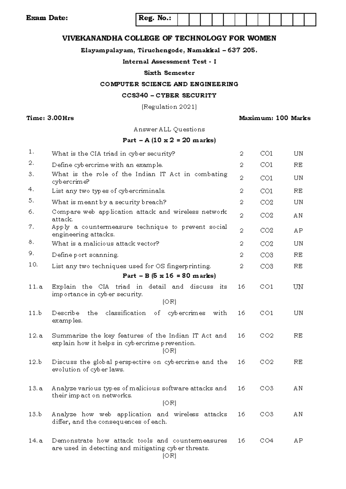 CCS340 IAT-1 Question Paper - Cyber Security Overview and Concepts ...