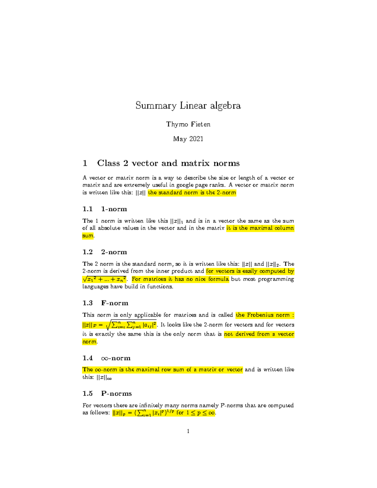 Summary of Linear Algebra Concepts for 2020/2021 (Class Notes ...