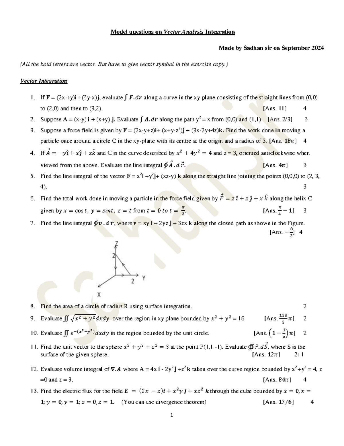 Model Questions on Vector Integration for Course Code: VEC101 - Studocu