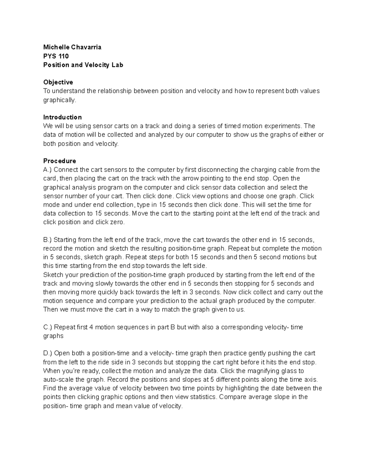 PYS 110: Position and Velocity Lab Report and Analysis Guide - Studocu