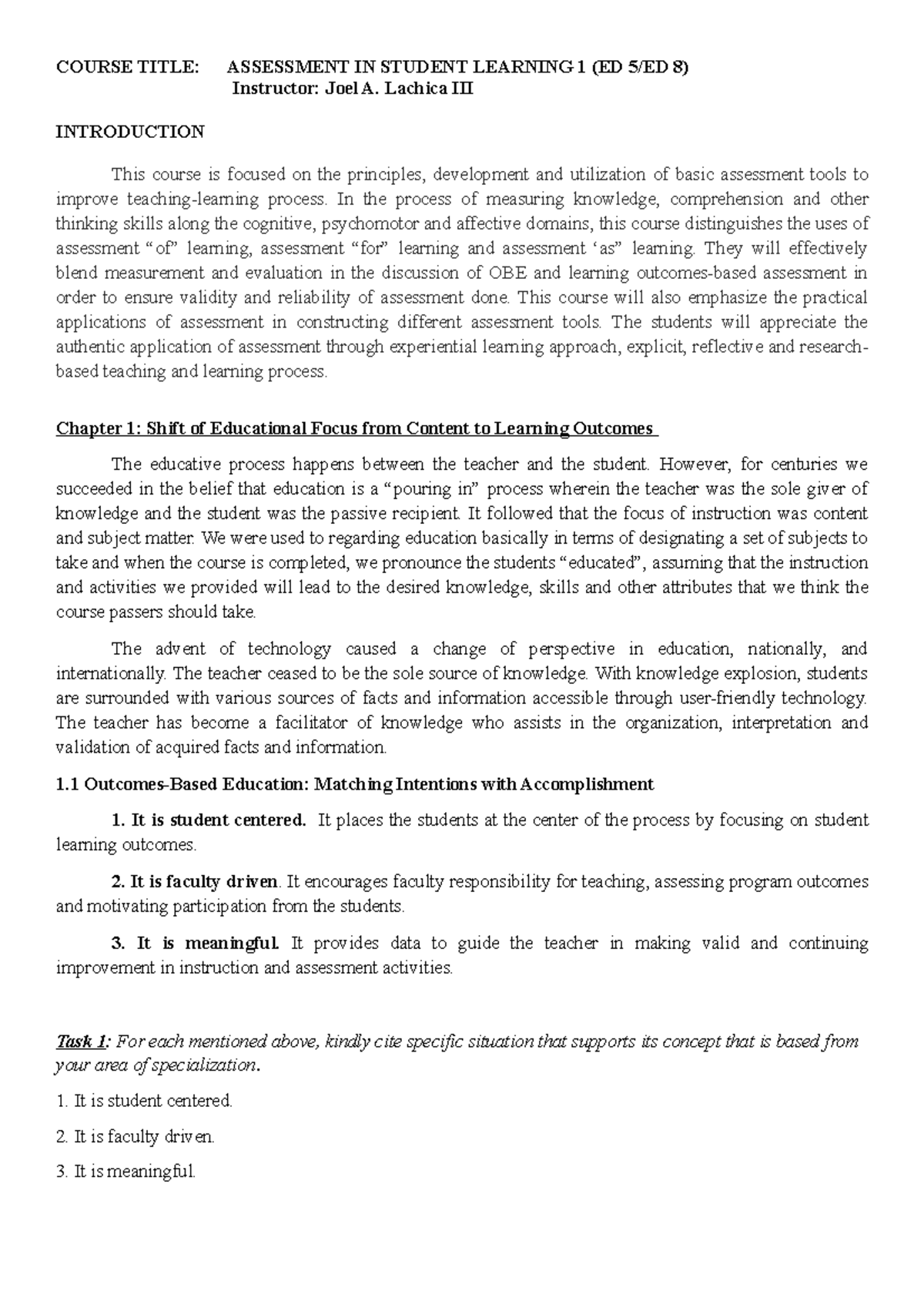 ED 5/ED 8: Assessment in Student Learning - 1st Handout Overview - Studocu