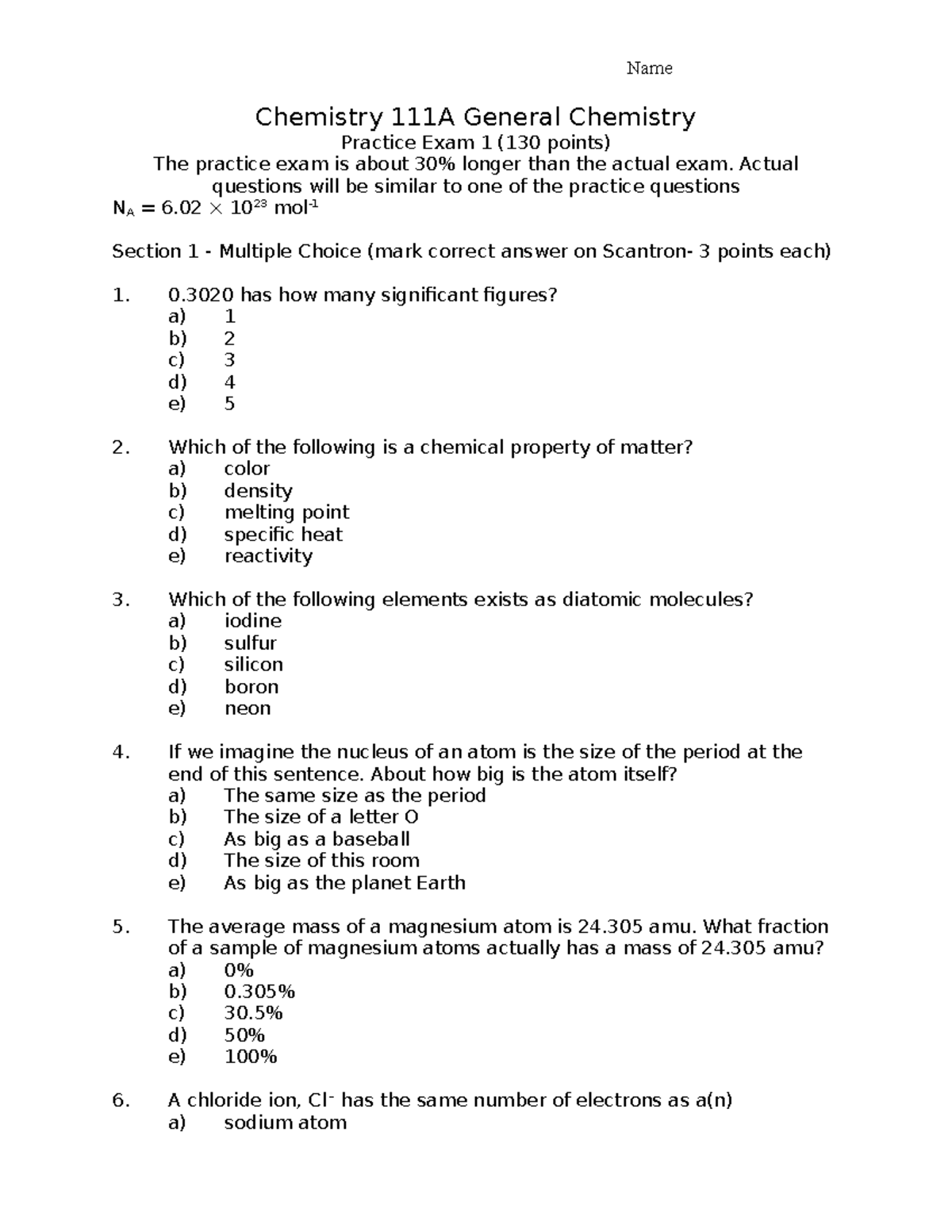Chemistry 111A Practice Exam 1 - General Chemistry Concepts - Studocu