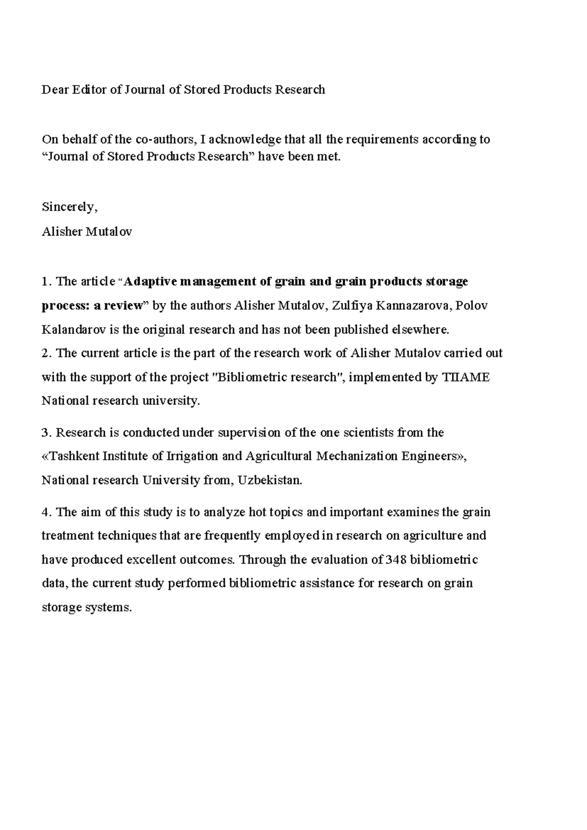 Cover Letter - fformal informal - Dear Editor of Journal of Stored ...