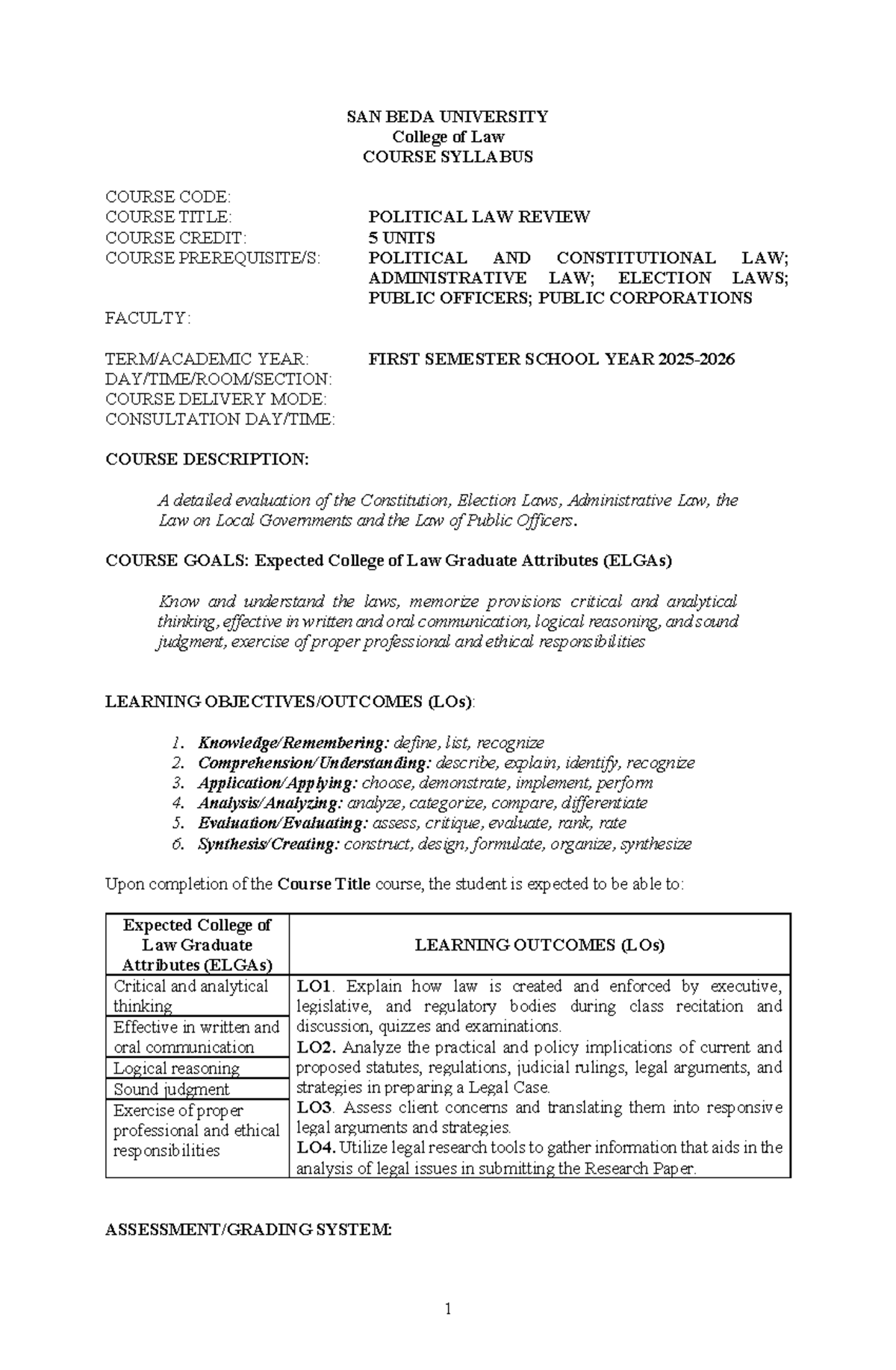 Political Law Review Syllabus (POLI 101) - First Semester 2023 - Studocu