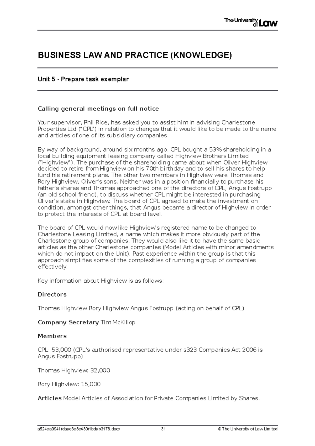 Business Law and Practice (Knowledge) - Unit 5 Members Prep Task - Studocu
