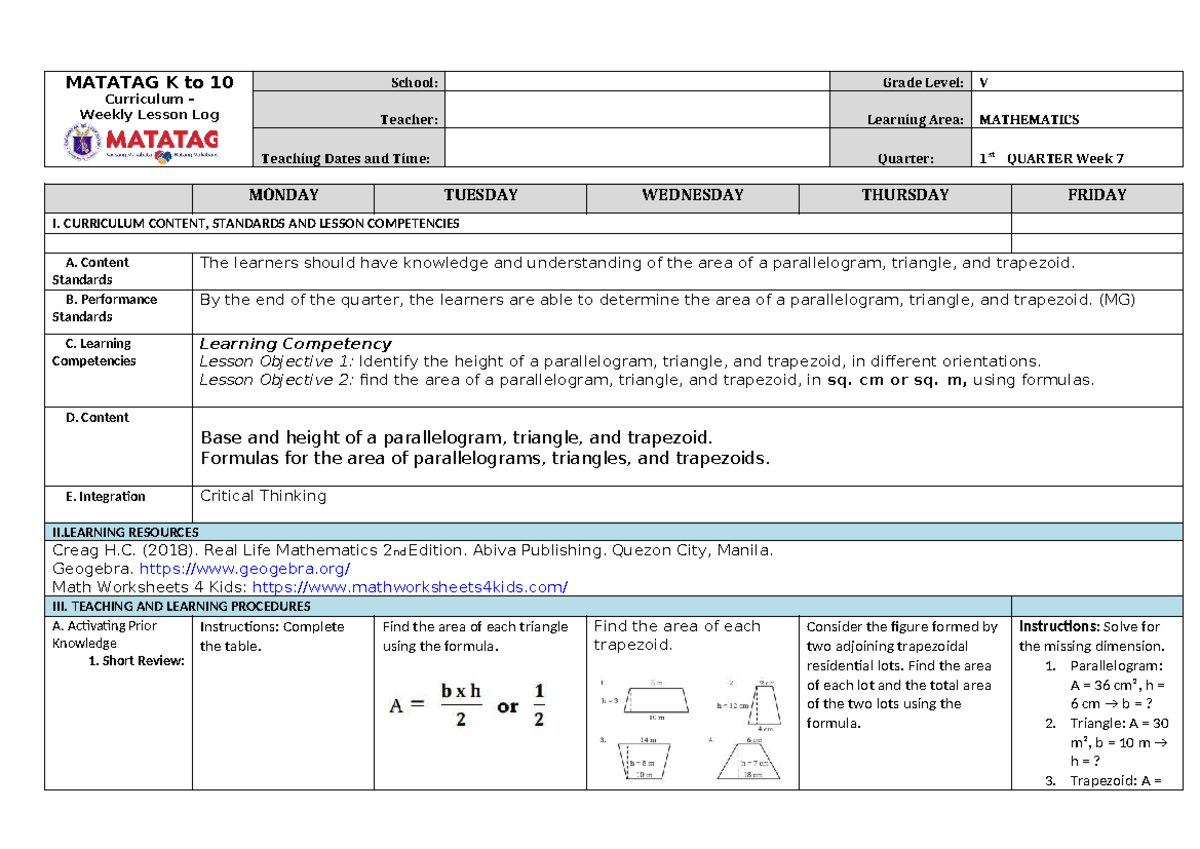 DLL Mathematics 5 Q1 W7 - Weekly Lesson Log on Area Concepts - Studocu