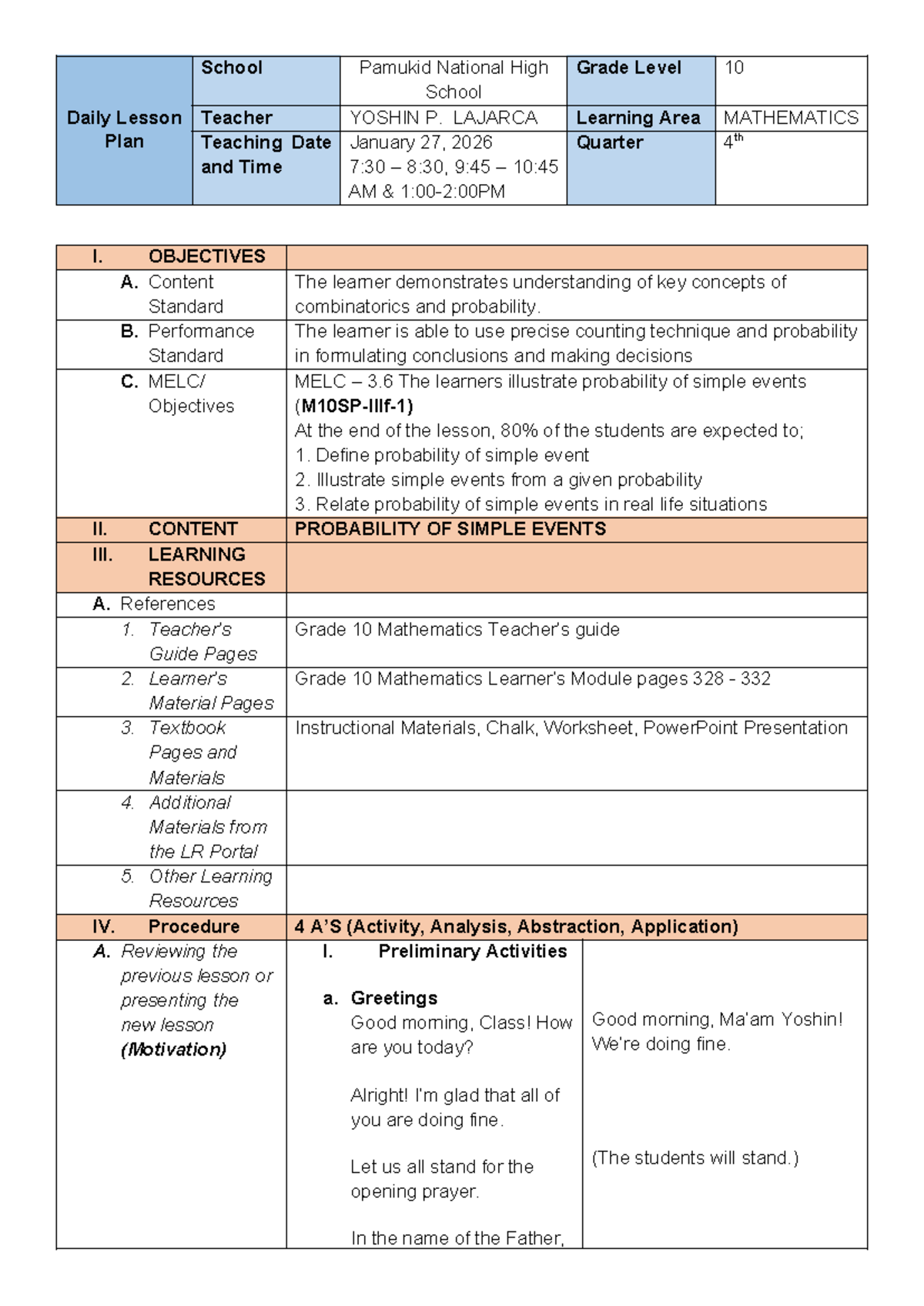 Grade 10 Mathematics Lesson Plan: Probability of Simple Events - Studocu