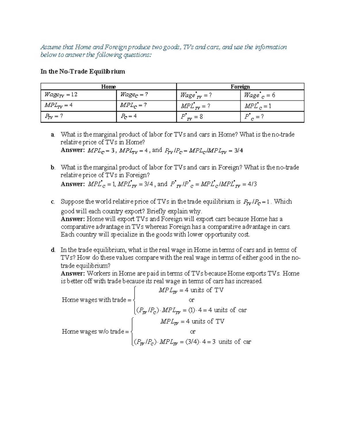 Practice 1: Equilibrium Wages and Comparative Advantage Analysis - Studocu
