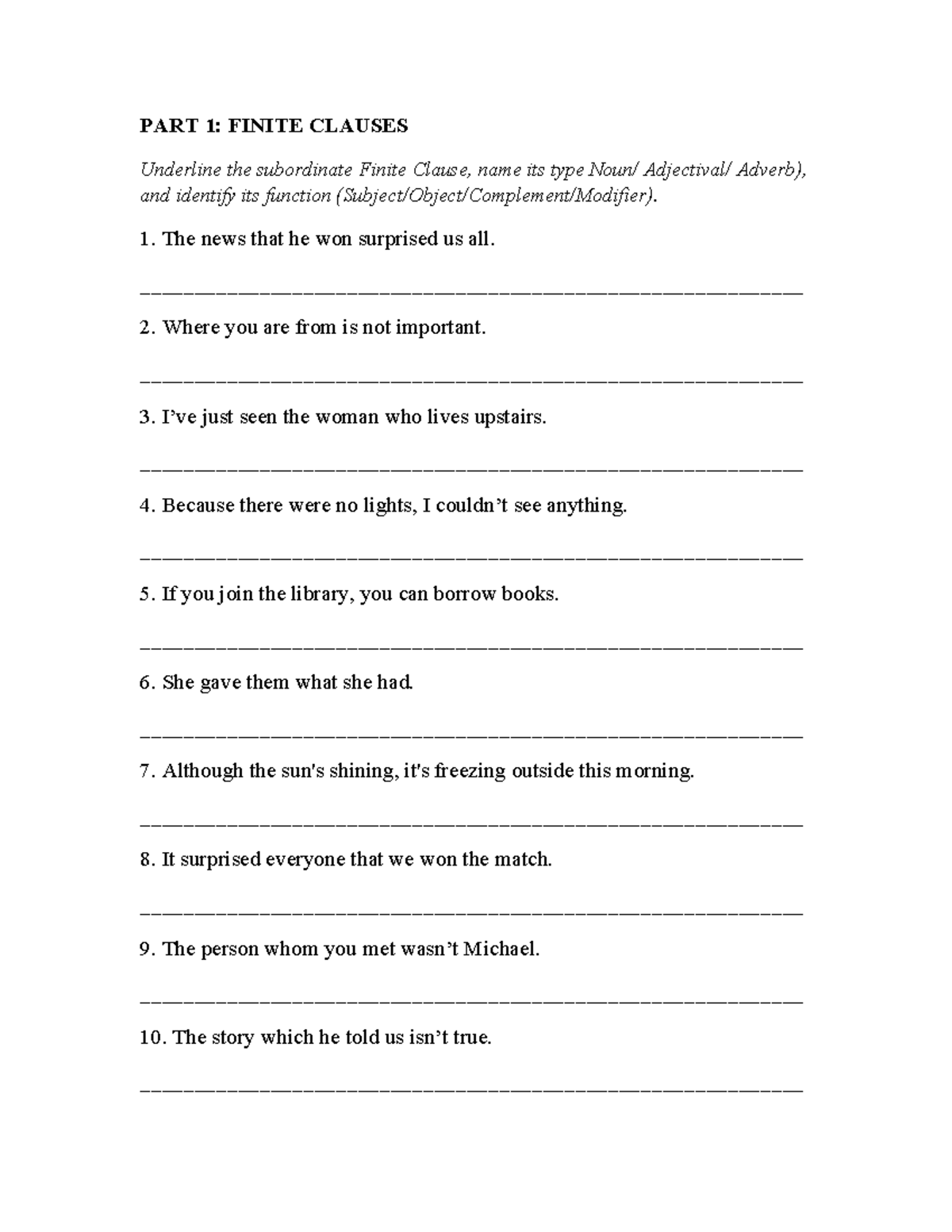 Exam Clause Structures Set 2: Finite & Verbless Clauses Analysis - Studocu