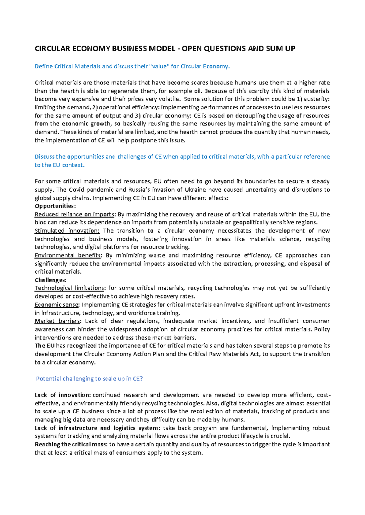 Circular Economy: Open Questions & Summary on Critical Materials and CE ...