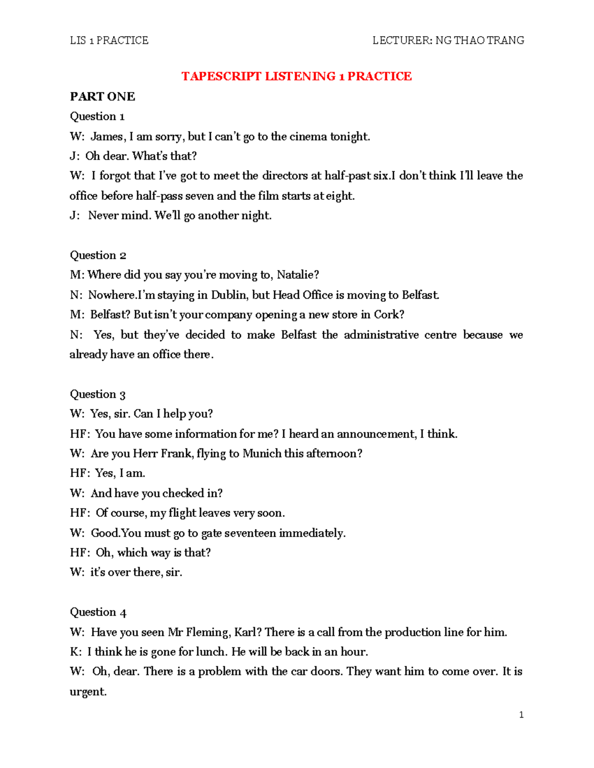Listening Practice Tapescript for Unit 1: Conversations and ...