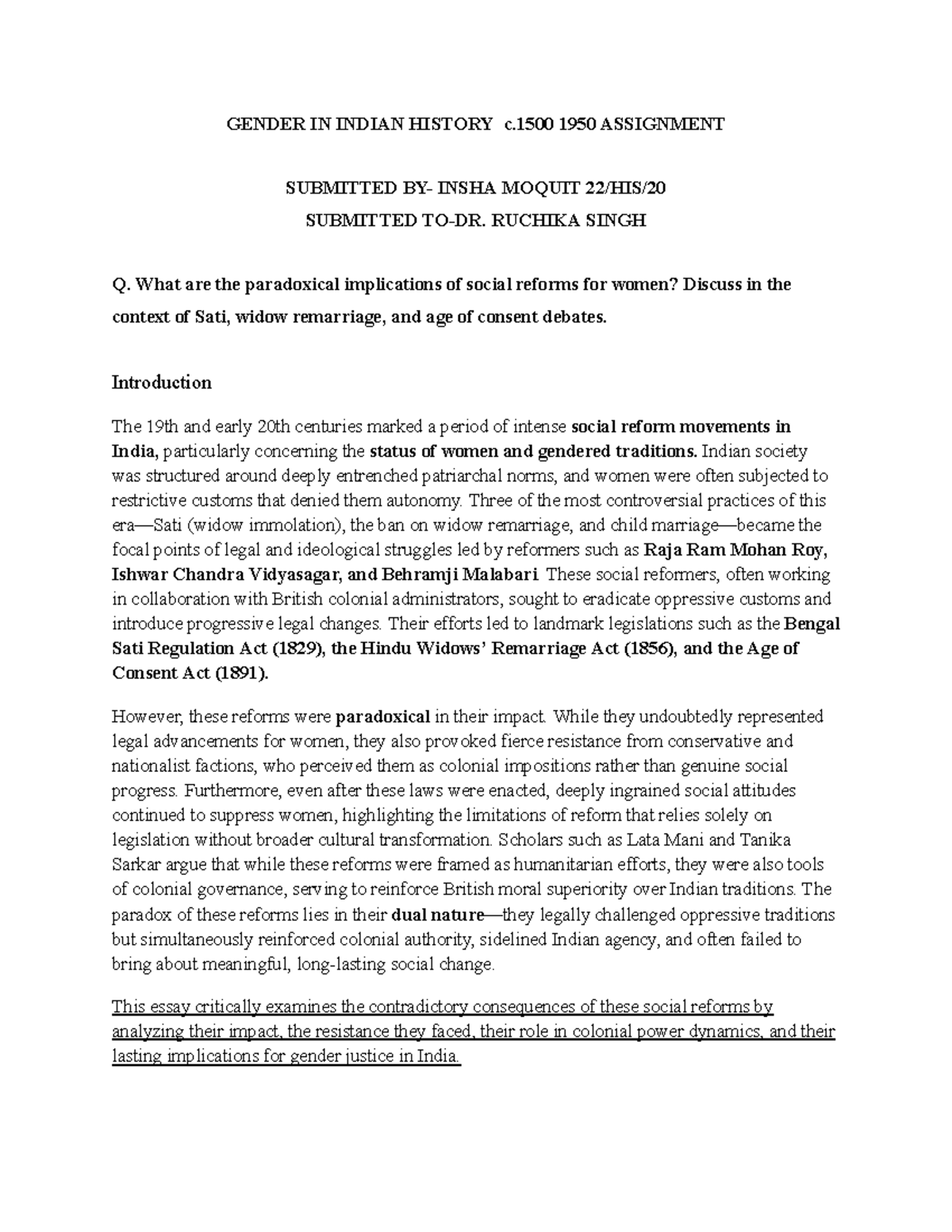 GIH Assignment - GENDER IN INDIAN HISTORY c 1950 ASSIGNMENT SUBMITTED ...
