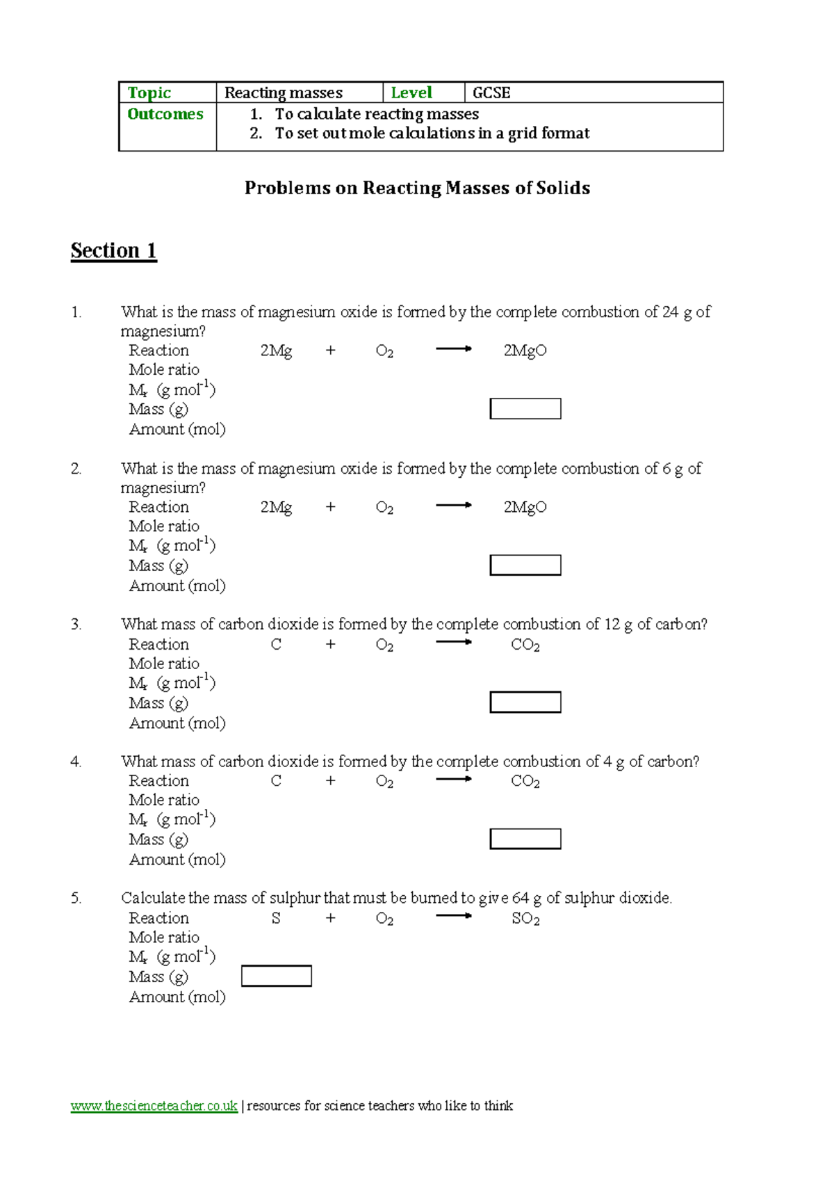 GCSE Reacting Masses Questions and Calculations - Studocu