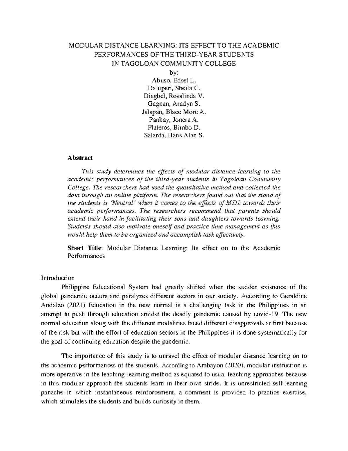 FSSE 2 Publishable Paper - MODULAR DISTANCE LEARNING: ITS EFFECT TO THE ...