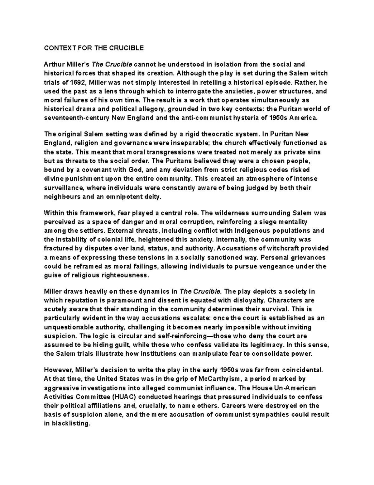 Essay on Context for The Crucible (ENG 101) - Studocu