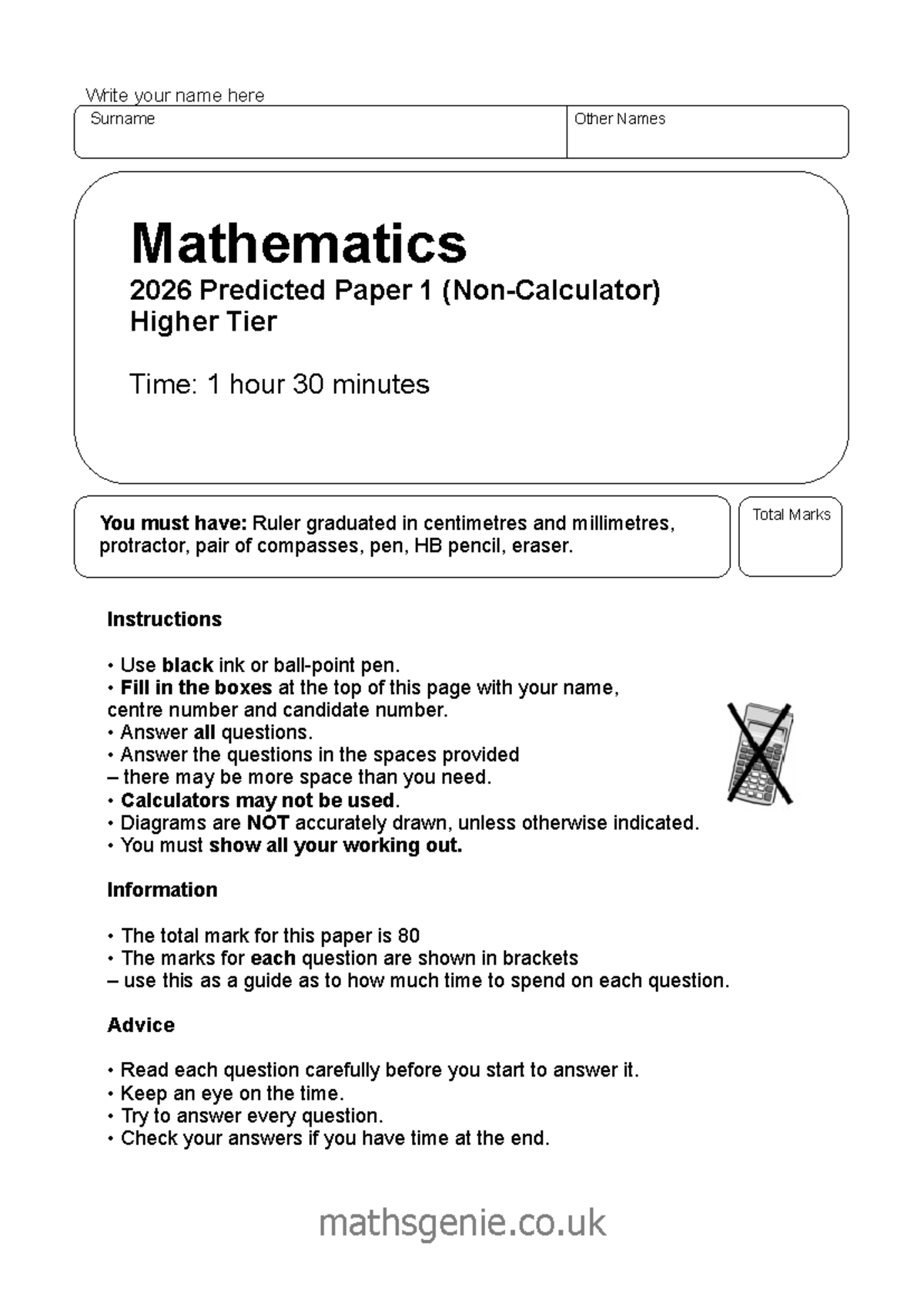 Mathematics 2026 - Predicted Paper 1 Higher Tier Exam Guide - Studocu
