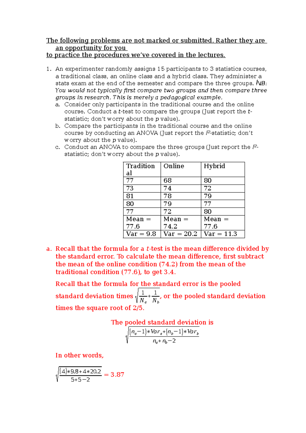 Problem Set 2 Solutions: ANOVA and t-Test Comparisons in Stats Courses ...