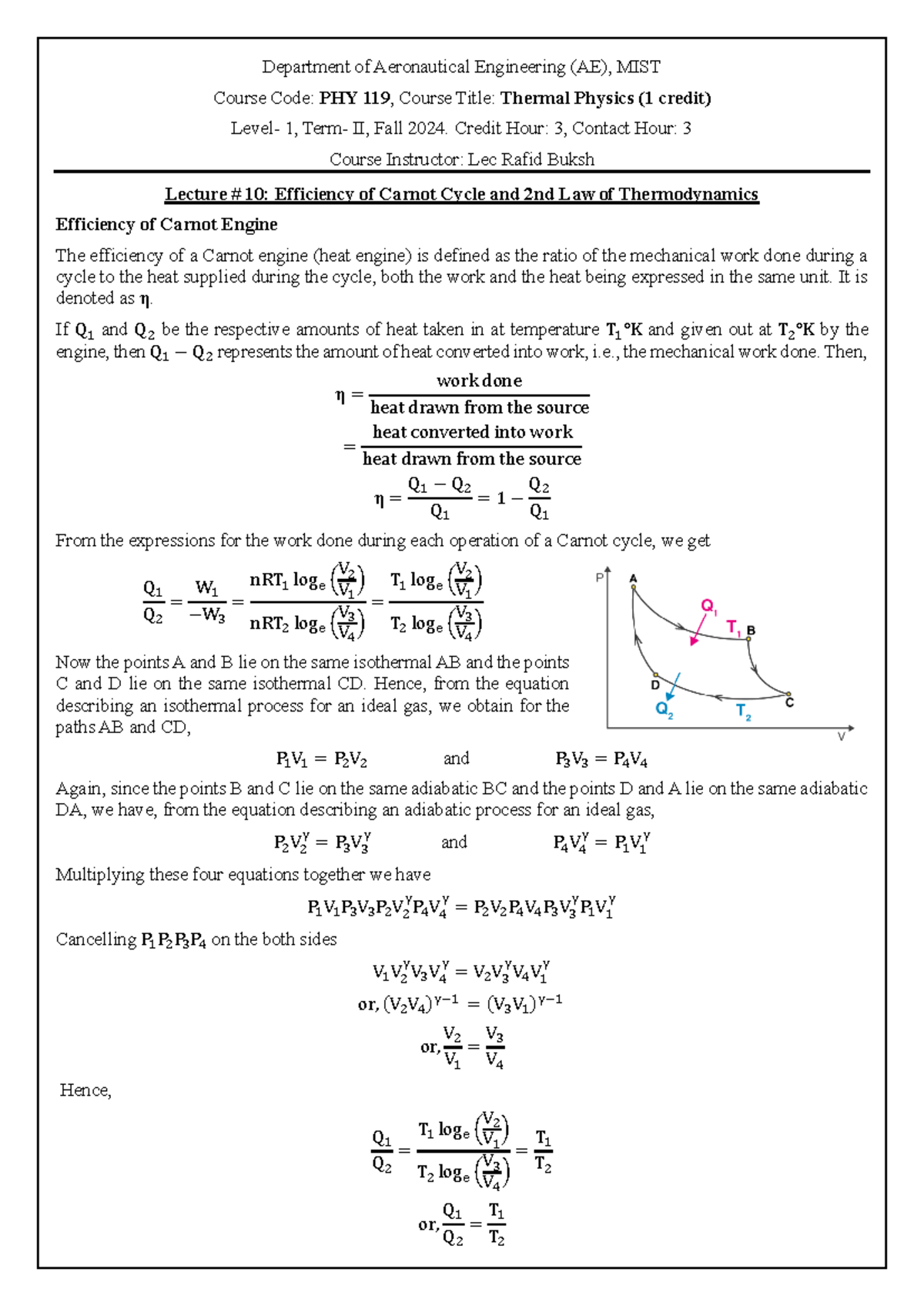 Efficiency of Carnot Cycle & 2nd Law of Thermodynamics - PHY 119 - Studocu