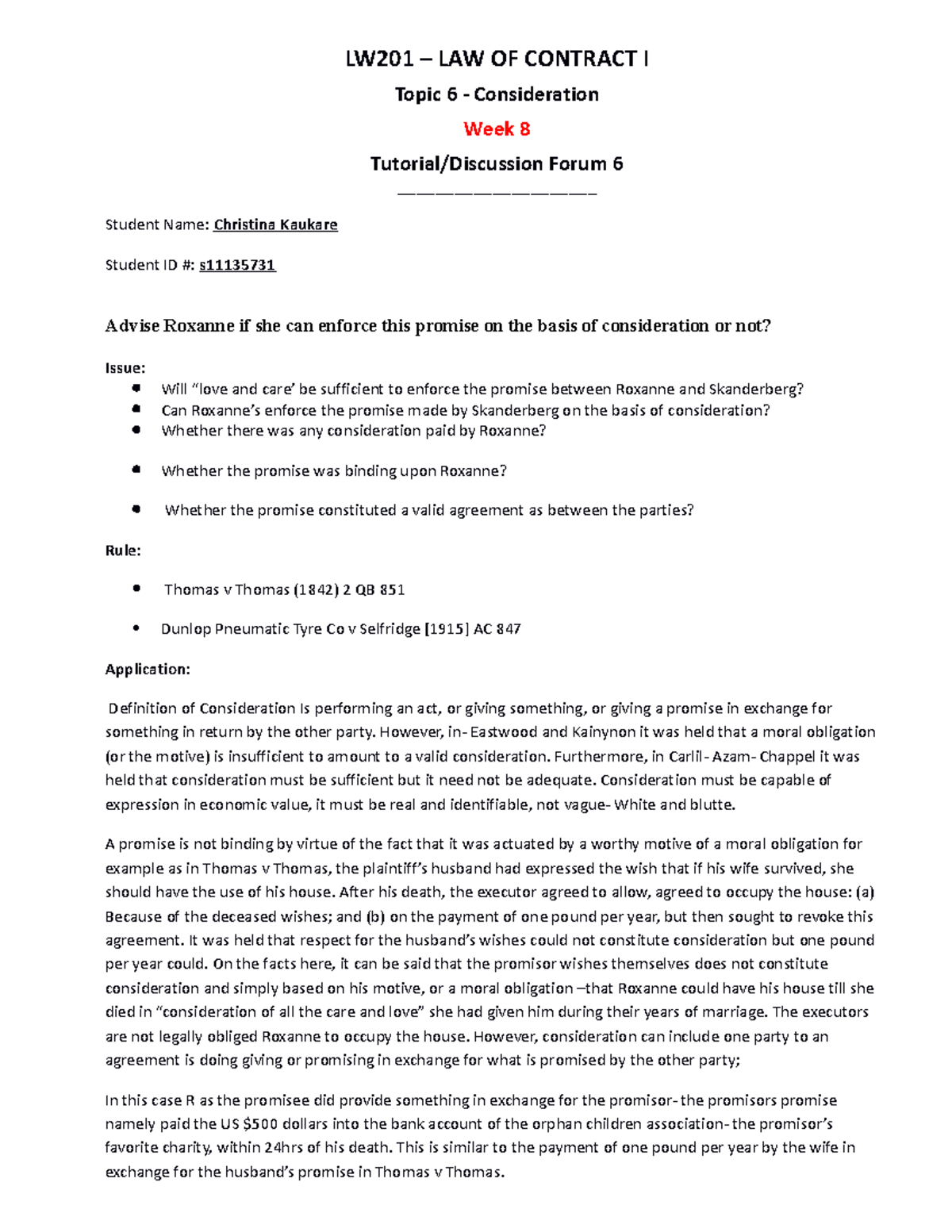 Tutorial 6 - LW201 – LAW OF CONTRACT I Topic 6 - Consideration Week 8 ...