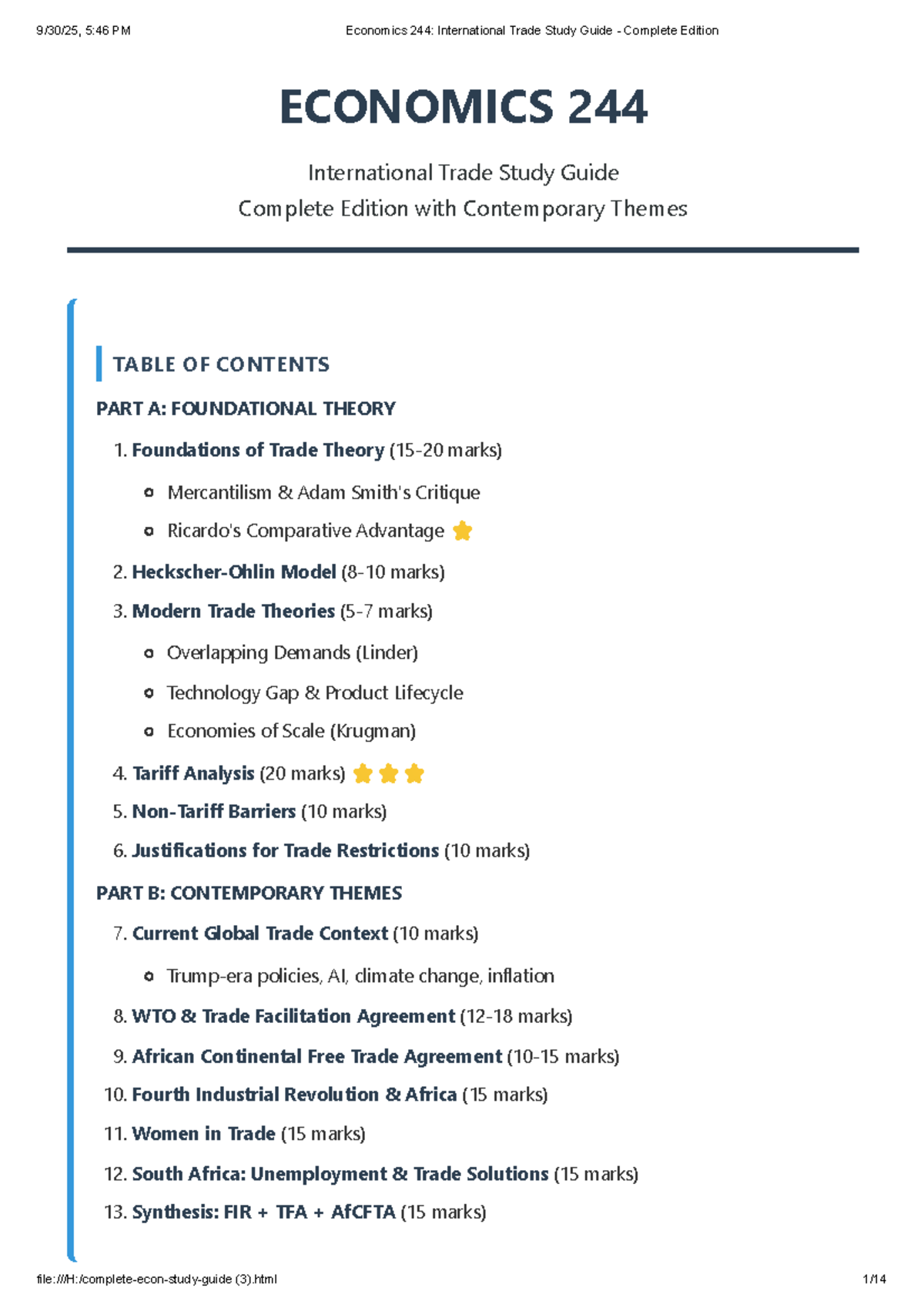Economics 244: Comprehensive Study Guide on International Trade Themes ...